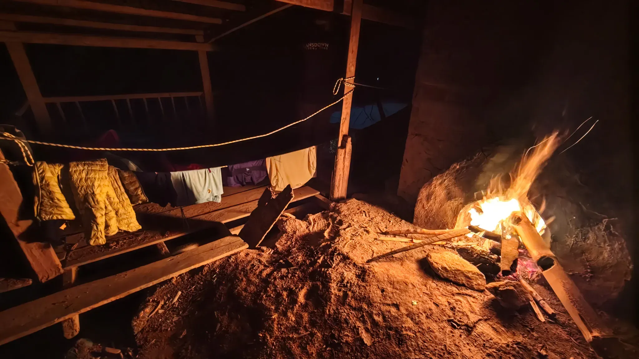 Campfire by a night shelter on the Nam Ou