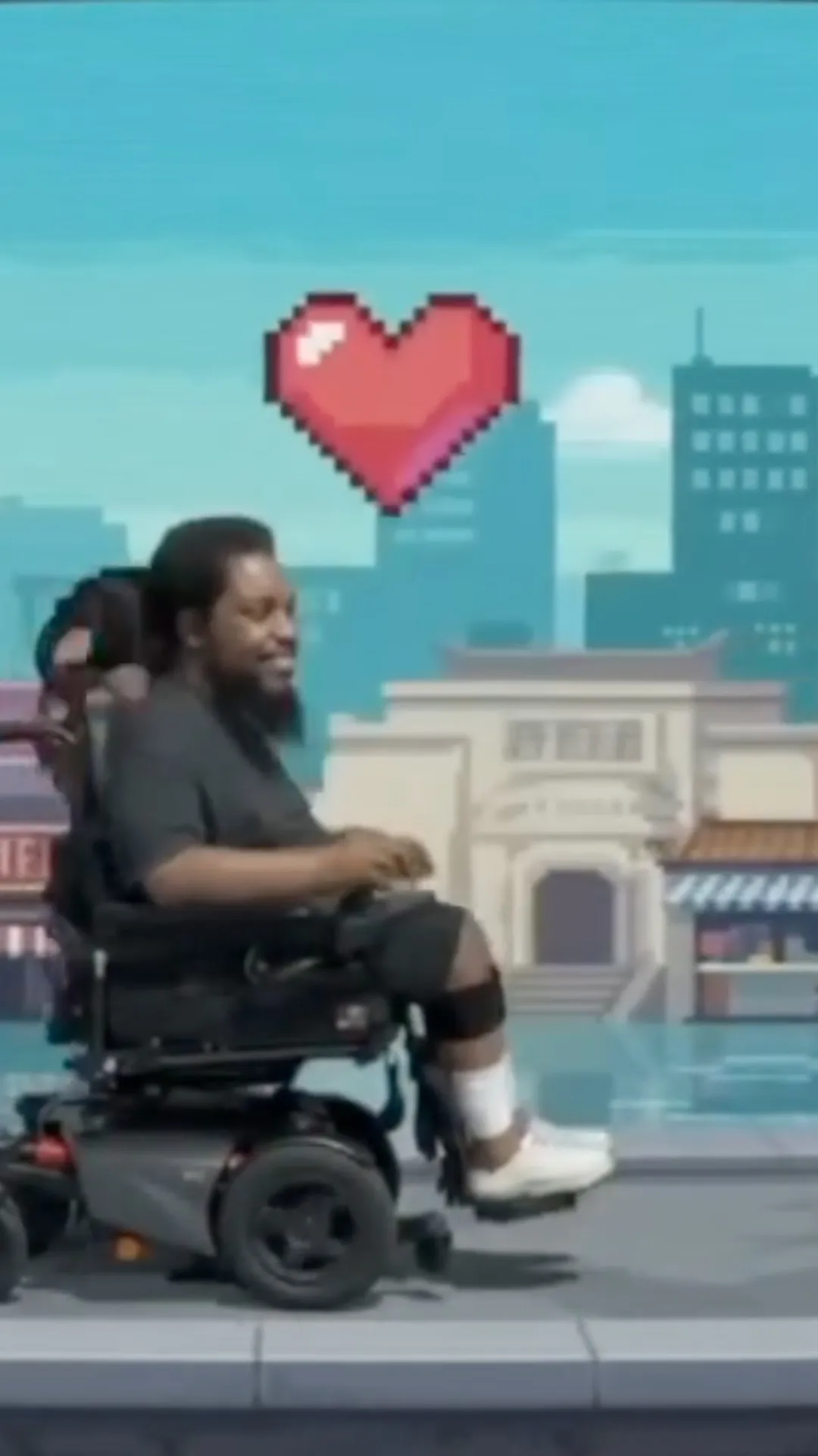Reggie in his wheelchair in front of a pixel-art Kaohsiung skyline with a heart