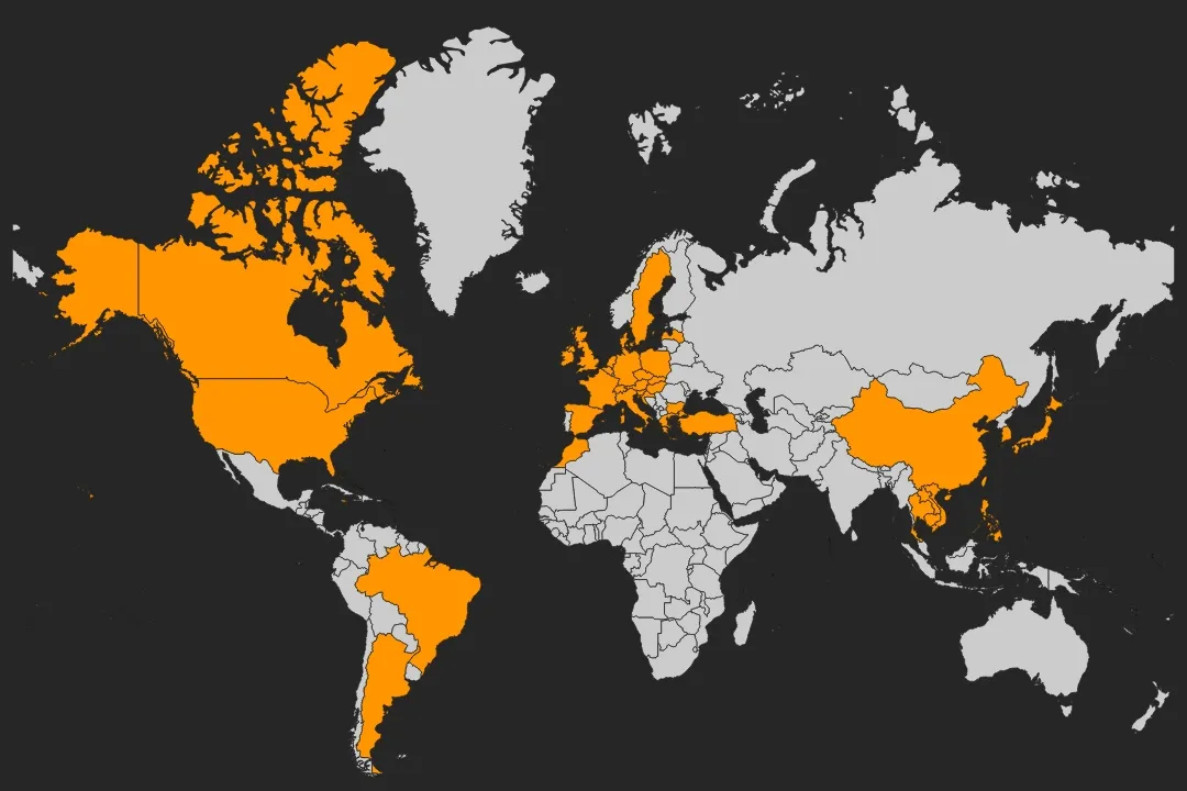 World map with the countries visited highlighted in orange, across Europe, North and South America, North Africa and East and Southeast Asia