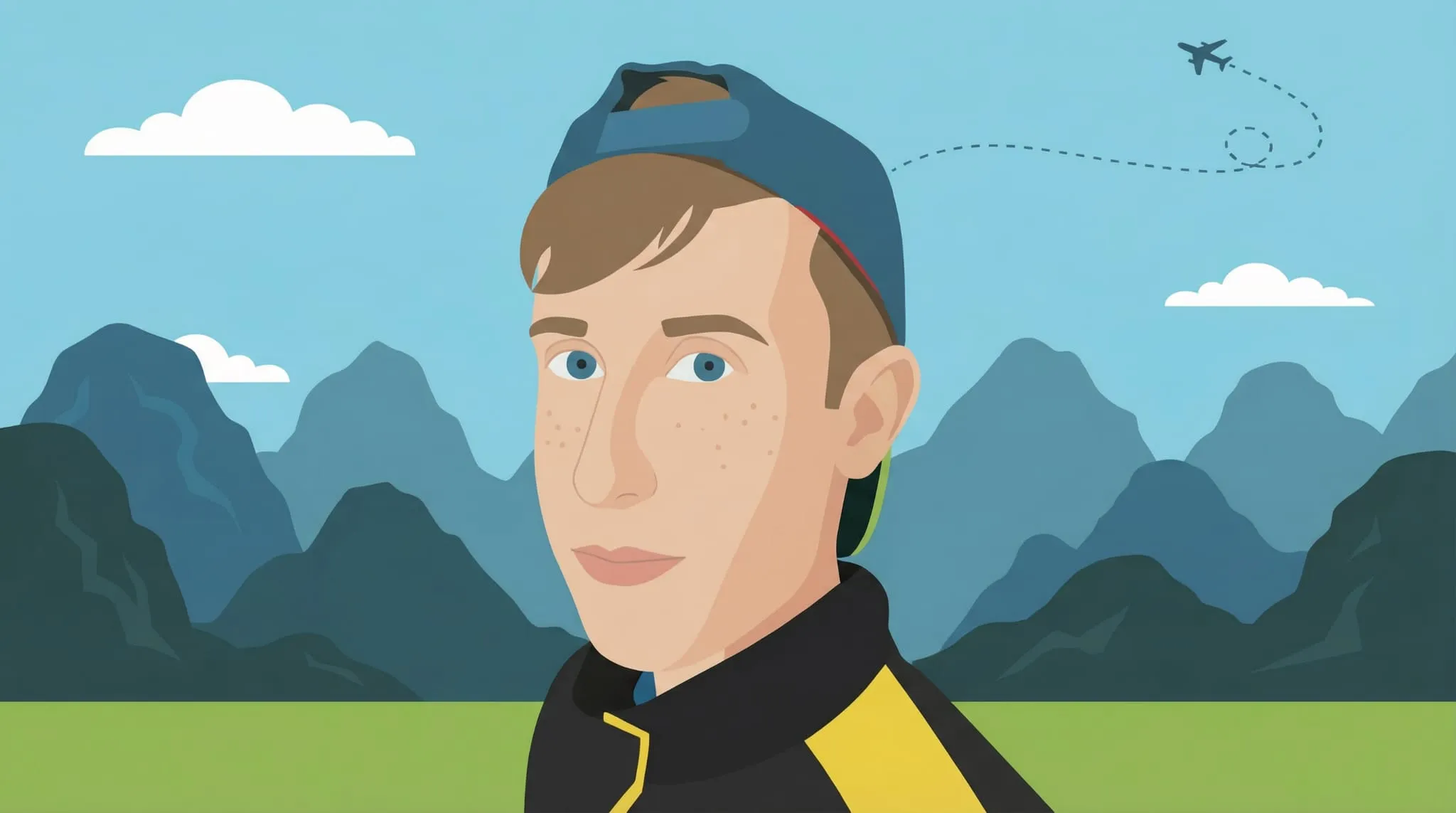 Illustrated portrait of Harry in his cap, with mountains and a dashed flight path